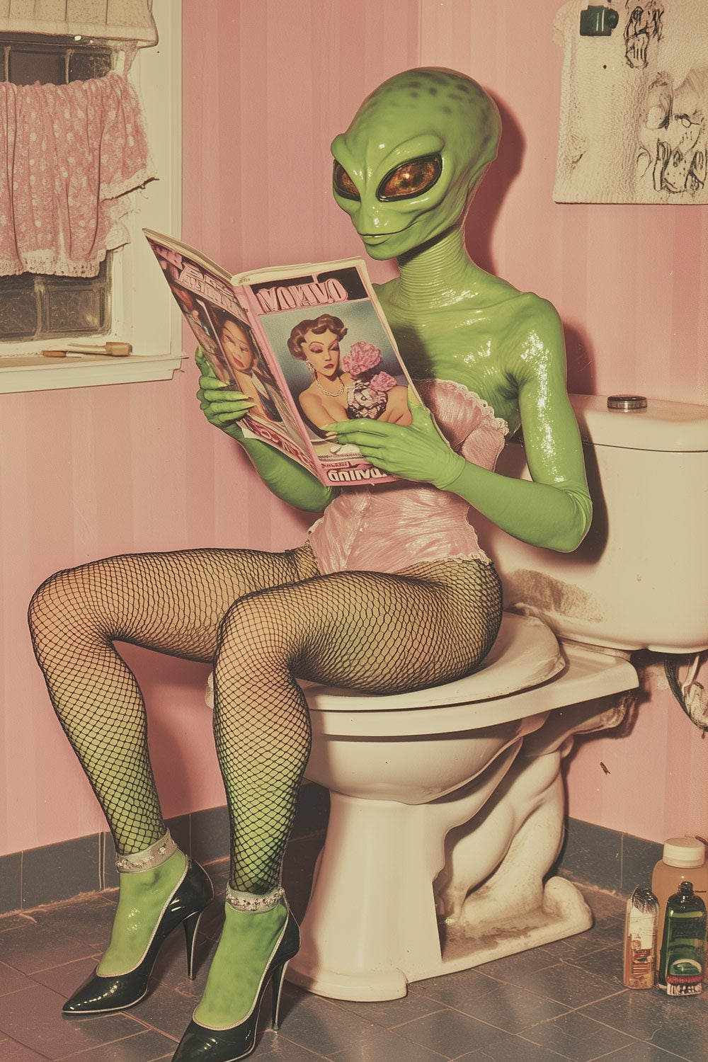 Weird vintage artwork showing a green alien sitting on a toilet reading a magazine in a pink corset, fishnet stockings and black high heels.