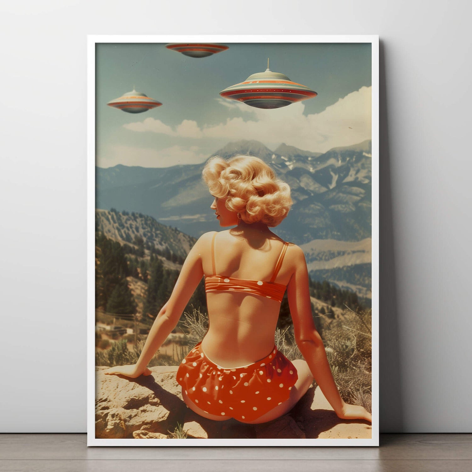 A vintage image in a photograph style showing a young blond woman from the 1950s sitting on a ledge and two ufos hovering in the distance.