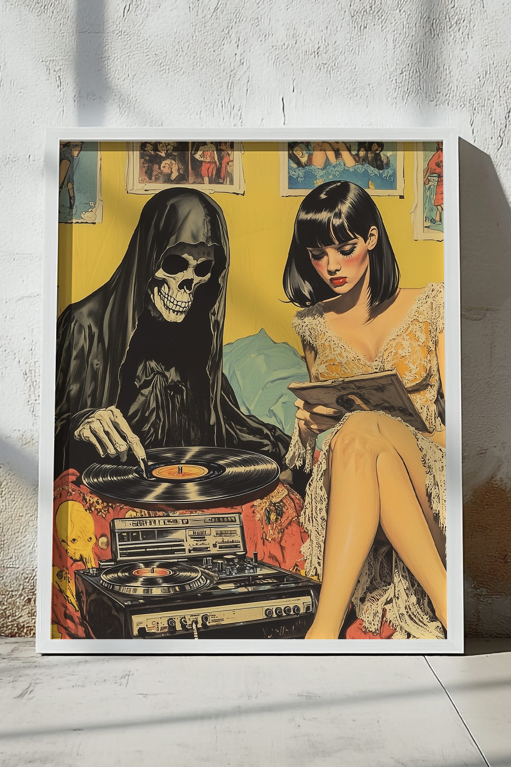 A vintage image with a beautiful woman listening to records with the grim reaper.