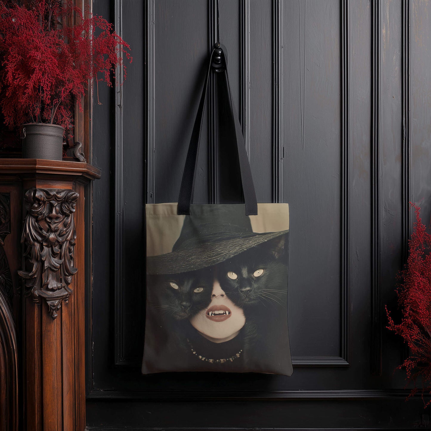 Fangs and Familiars Tote Bag | Black Cat Shopping Bag