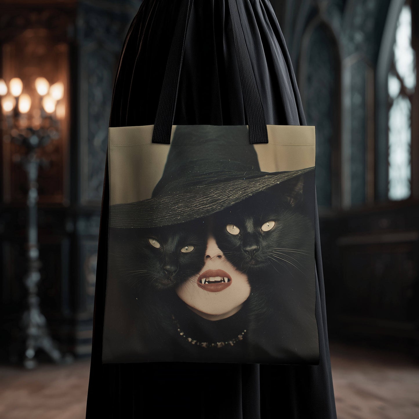 Fangs and Familiars Tote Bag | Black Cat Shopping Bag