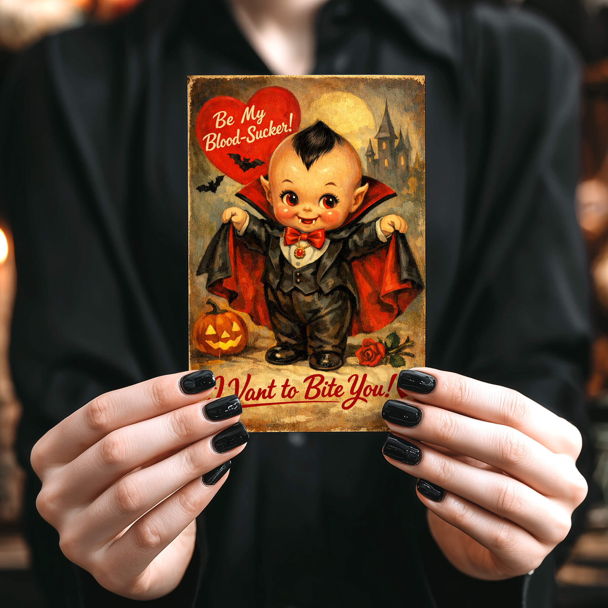 Person holding a Halloween-themed card with a vintage vampire baby illustration.