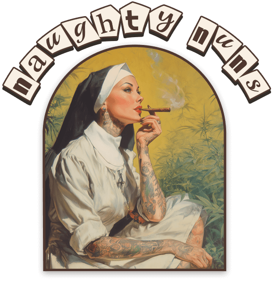 A nun covered in tattoos smoking a joint in a marijuana garden